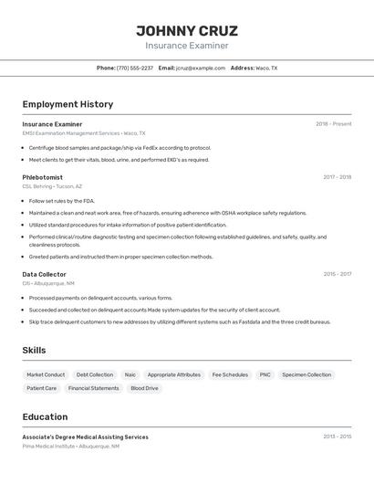 Insurance Examiner Resume