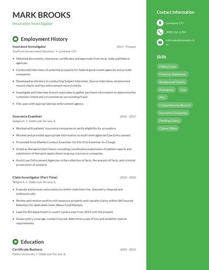 Insurance Investigator Resume