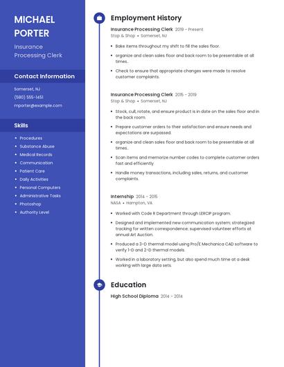 Insurance Processing Clerk Resume