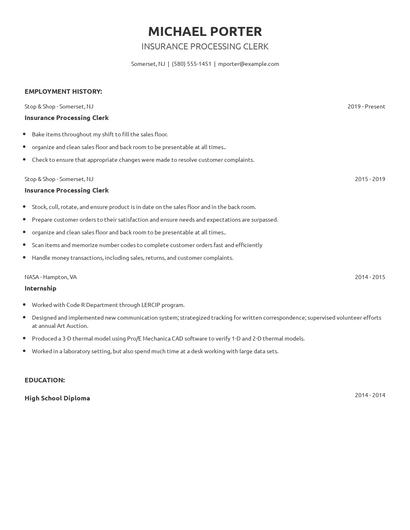 Insurance Processing Clerk Resume