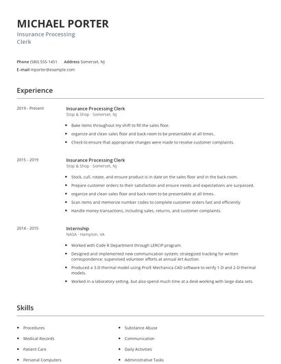 Insurance Processing Clerk Resume