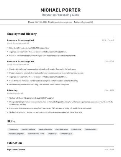 Insurance Processing Clerk Resume