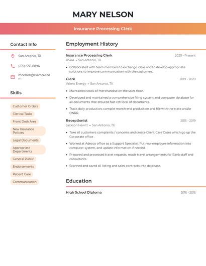 Insurance Processing Clerk Resume