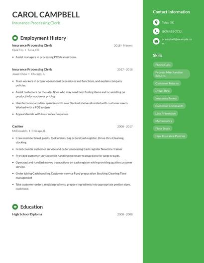 Insurance Processing Clerk Resume
