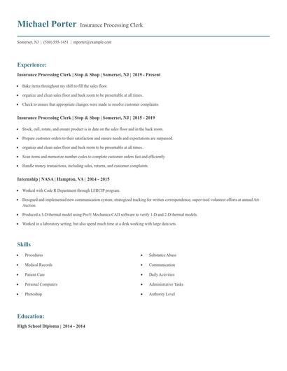 Insurance Processing Clerk Resume