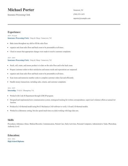 Insurance Processing Clerk Resume
