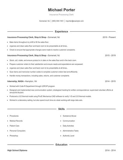 Insurance Processing Clerk Resume