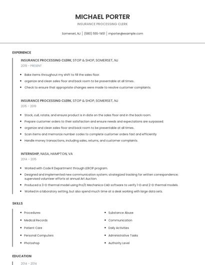 Insurance Processing Clerk Resume