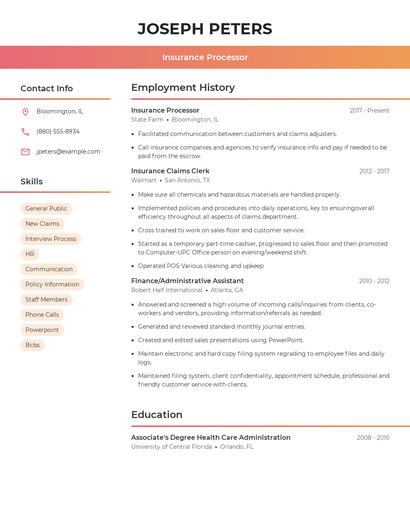 Insurance Processor Resume