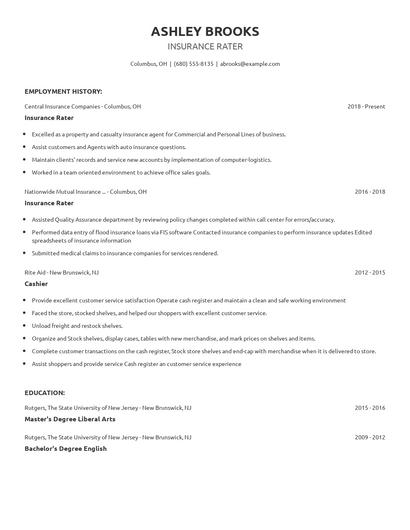Insurance Rater Resume