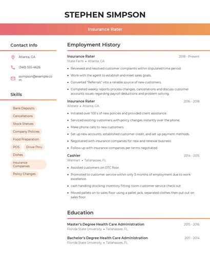 Insurance Rater Resume