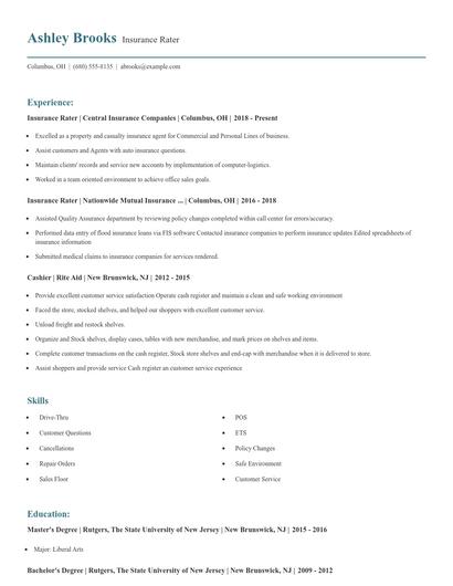Insurance Rater Resume