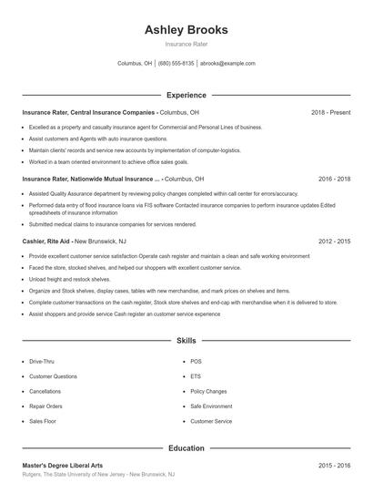 Insurance Rater Resume