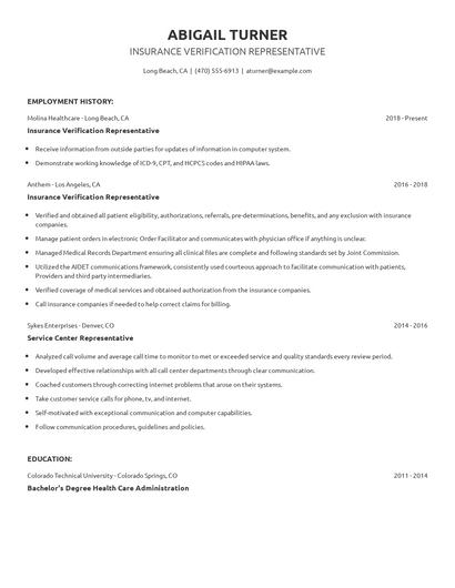Insurance Verification Representative Resume