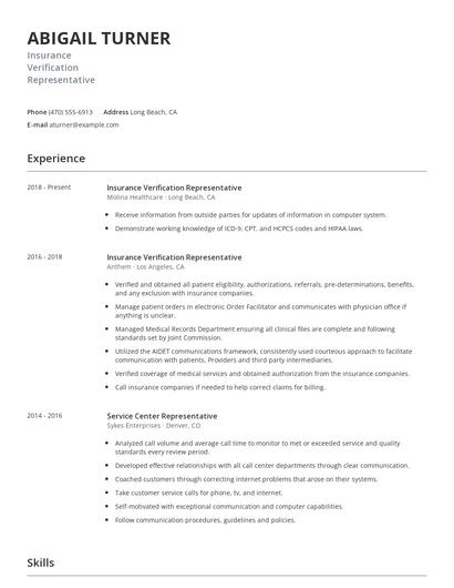 Insurance Verification Representative Resume
