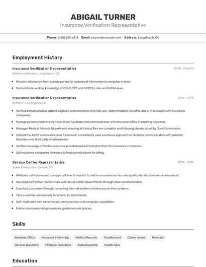 Insurance Verification Representative Resume