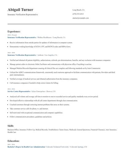 Insurance Verification Representative Resume