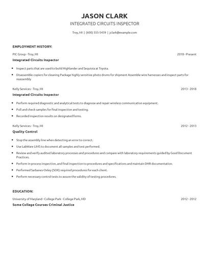 Integrated Circuits Inspector Resume