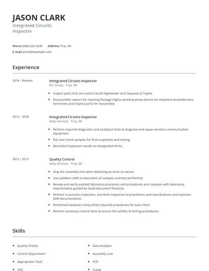 Integrated Circuits Inspector Resume