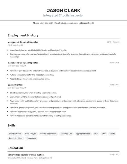 Integrated Circuits Inspector Resume