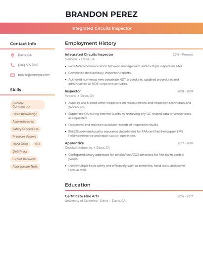 Integrated Circuits Inspector Resume