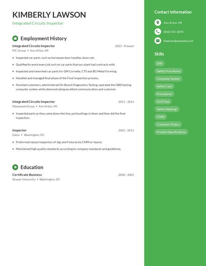 Integrated Circuits Inspector Resume