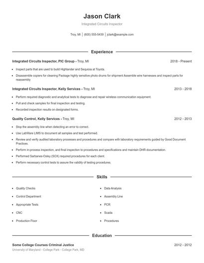 Integrated Circuits Inspector Resume