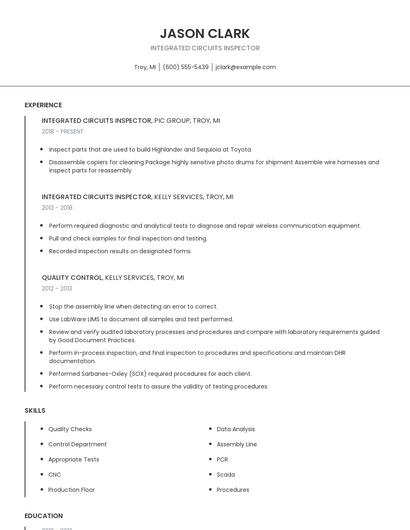 Integrated Circuits Inspector Resume