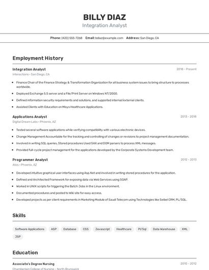 Integration Analyst Resume
