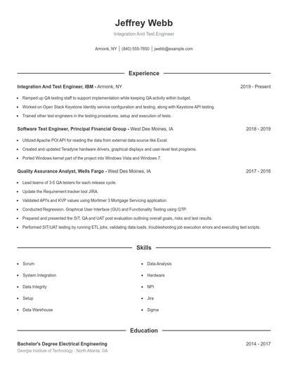 Integration And Test Engineer Resume