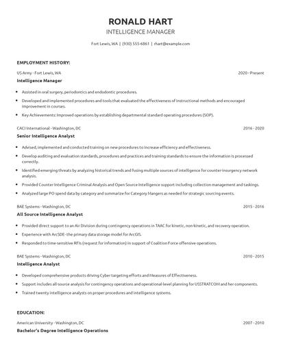 Intelligence Manager Resume