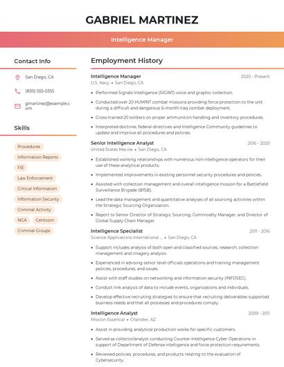 Intelligence Manager Resume