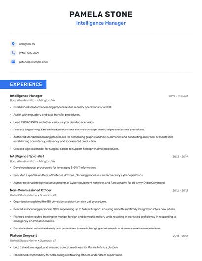 Intelligence Manager Resume