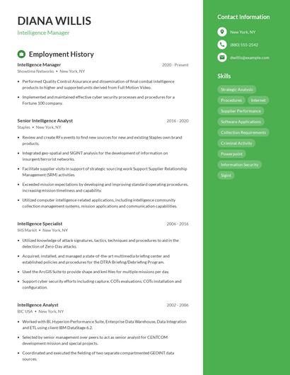 Intelligence Manager Resume