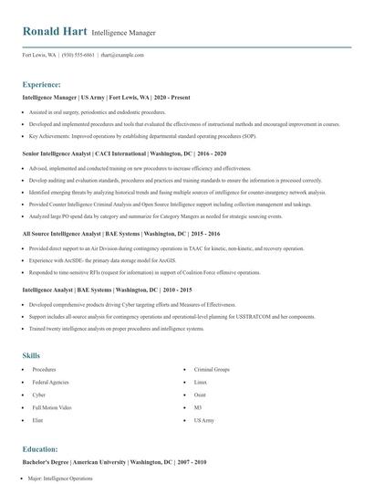 Intelligence Manager Resume