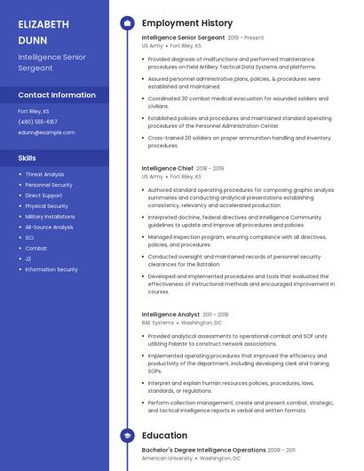 Intelligence Senior Sergeant Resume