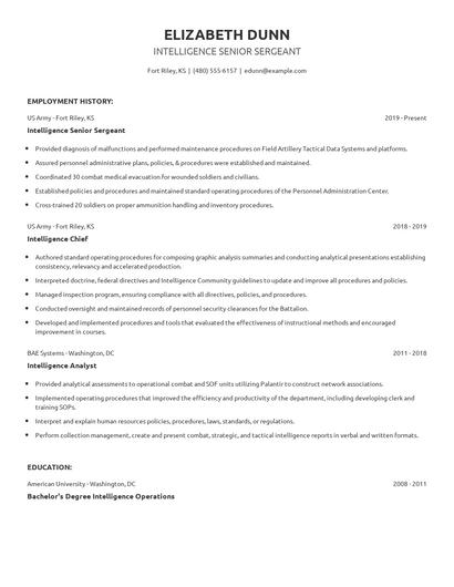 Intelligence Senior Sergeant Resume