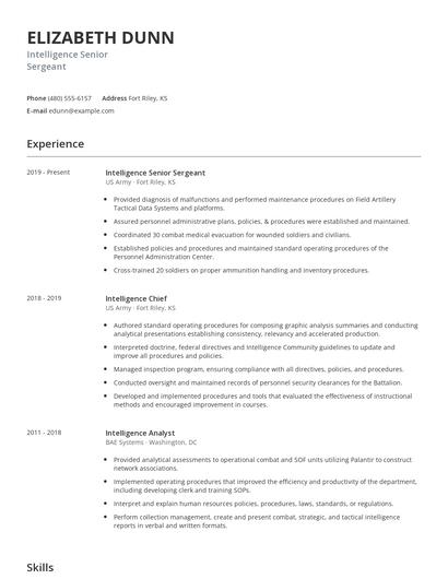Intelligence Senior Sergeant Resume