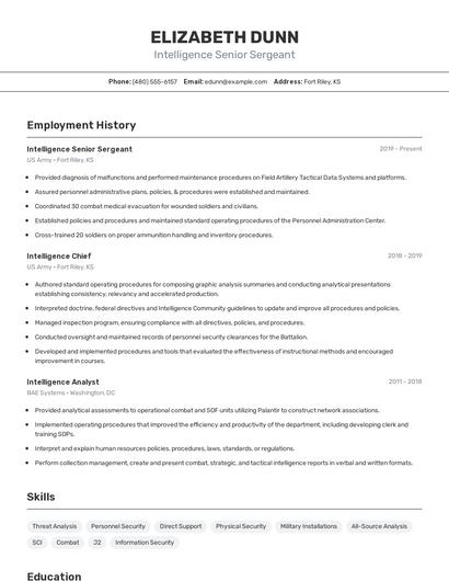 Intelligence Senior Sergeant Resume