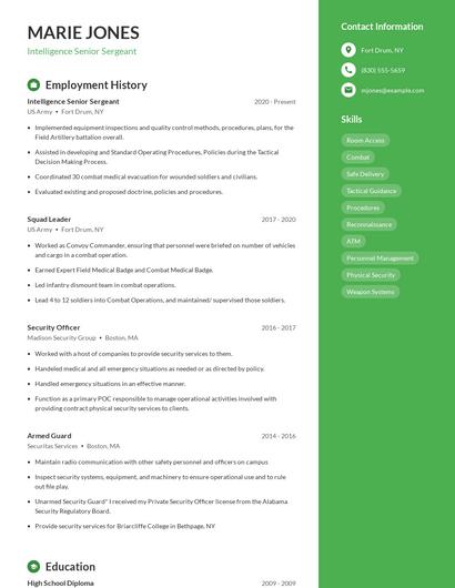 Intelligence Senior Sergeant Resume