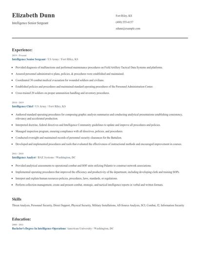 Intelligence Senior Sergeant Resume
