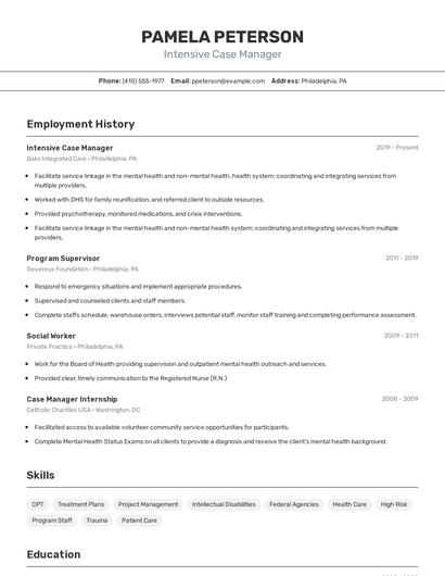 Intensive Case Manager Resume