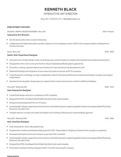 Interactive Art Director Resume