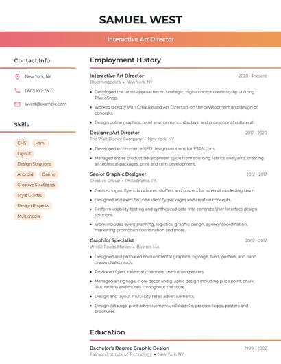 Interactive Art Director Resume