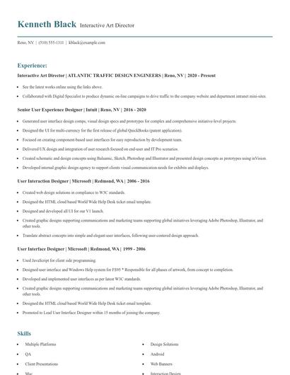 Interactive Art Director Resume