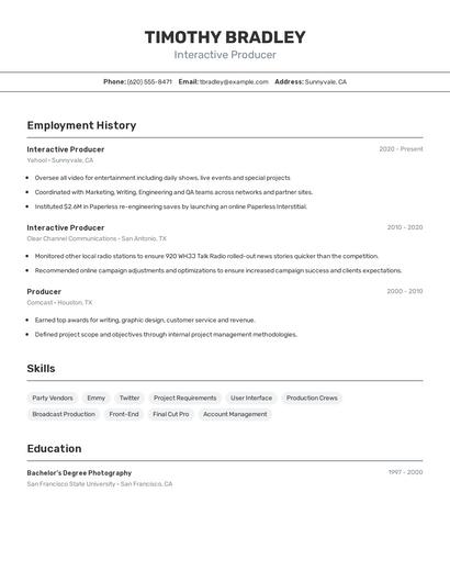Interactive Producer Resume