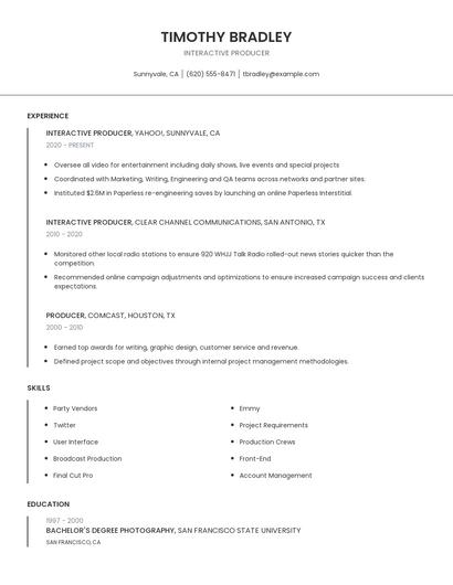 Interactive Producer Resume