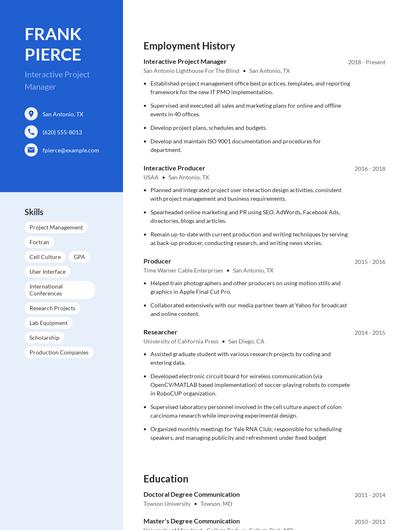 Interactive Project Manager Resume