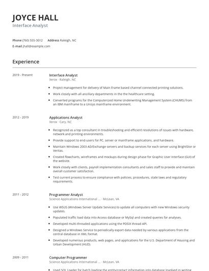 Interface Analyst Resume