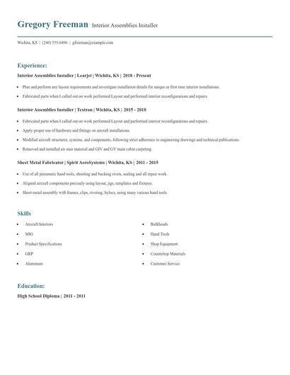 Interior Assemblies Installer Resume